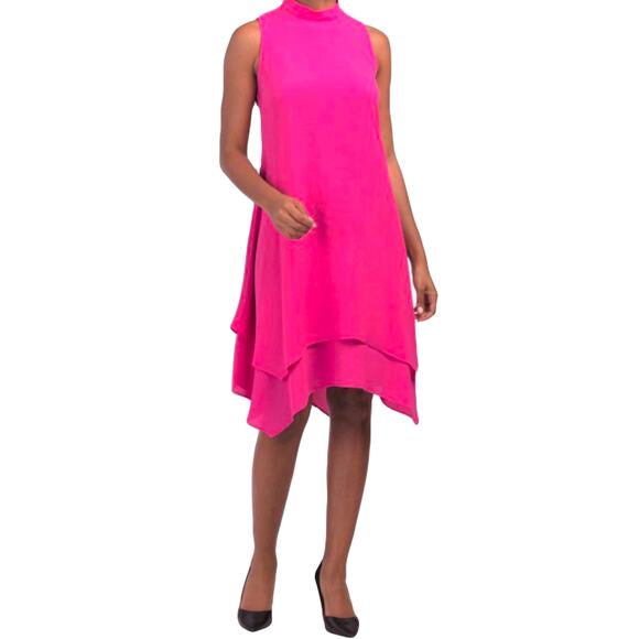 New London Times Women's Mock Neck Sharkbite Hem Tiered Shift Mini Dress - Picture 1 of 5